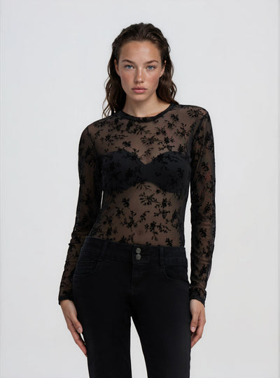 T-shirt a maniche lunghe con stampa floreale flock