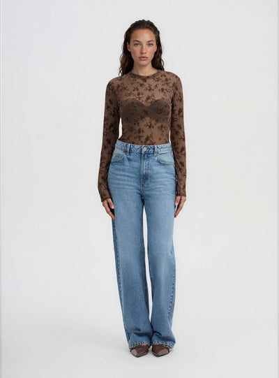 T-shirt a maniche lunghe con stampa floreale flock