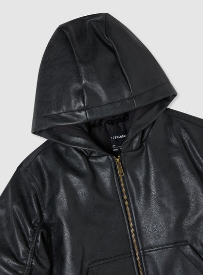 Bomber da bambino in similpelle con cappuccio e zip