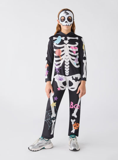 Costume Halloween con stampa scheletro e maschera