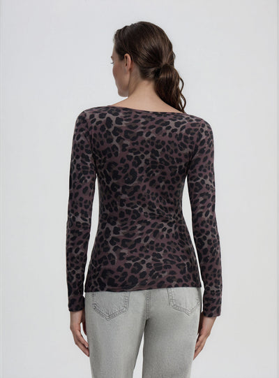 T-shirt a maniche lunghe animalier con scollo a V e bordo in pizzo