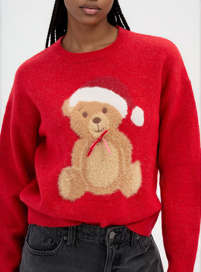 Loose sweater with teddy bear and bow print