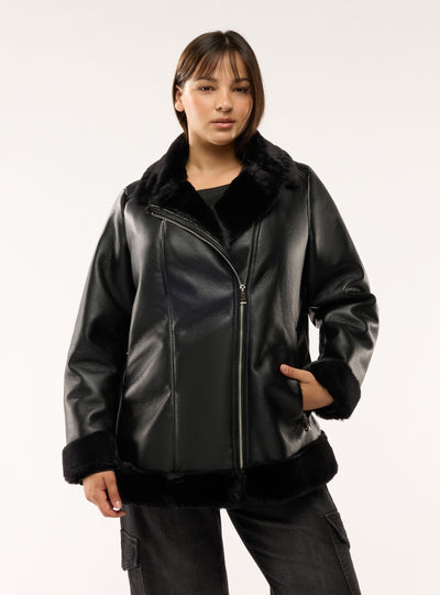 Jacket with plush-effect collar and zip