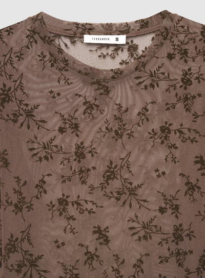 T-shirt a maniche lunghe con stampa floreale flock