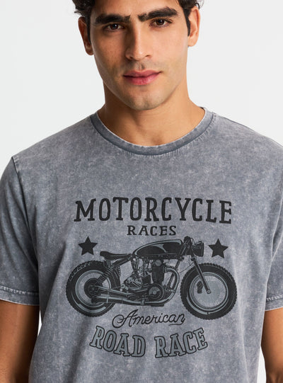 T-shirt con stampa moto effetto acid wash