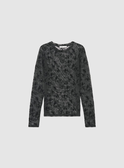 T-shirt a maniche lunghe con stampa floreale flock