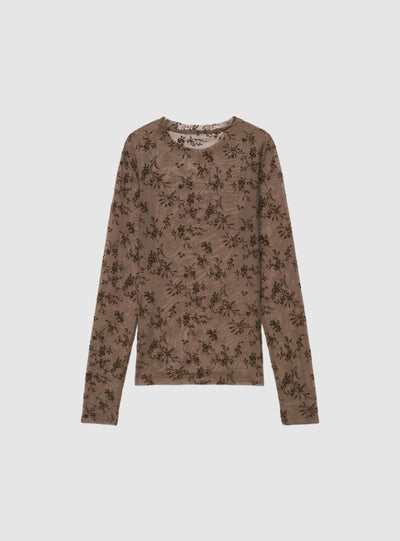 T-shirt a maniche lunghe con stampa floreale flock