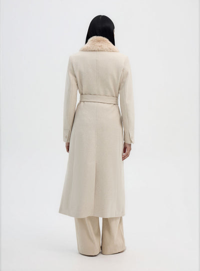 Long coat with synthetic fur collar and belt
