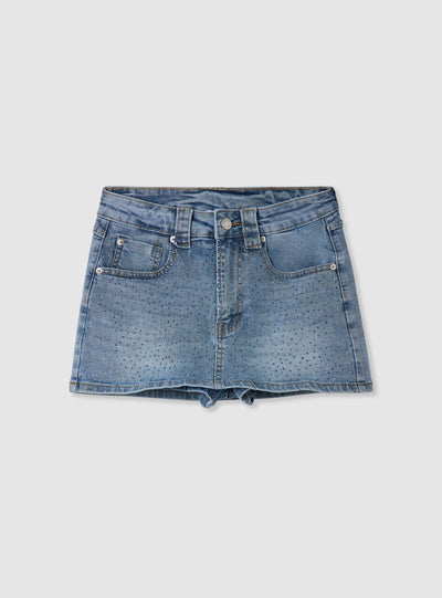 Denim mini skort with rhinestones