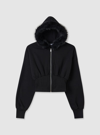Cropped Sweatshirt mit Reißverschluss und Kapuze, mit synthetischem Fellbesatz