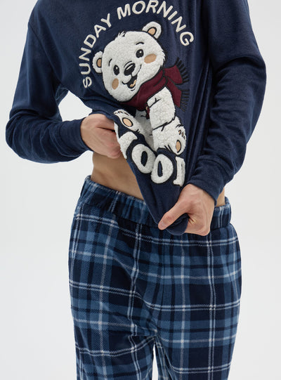 Set pigiama con stampa orso e pantaloni a quadri