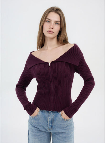 Maglia a trecce con zip e collo ampio