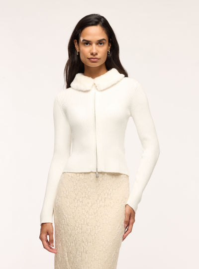 Cardigan a costine con zip e colletto effetto peluche