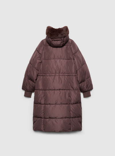 Cappotto imbottito lungo con cappuccio e bordo in effetto pelo