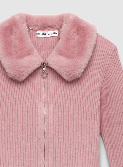 Cardigan con zip e collo effetto pelo
