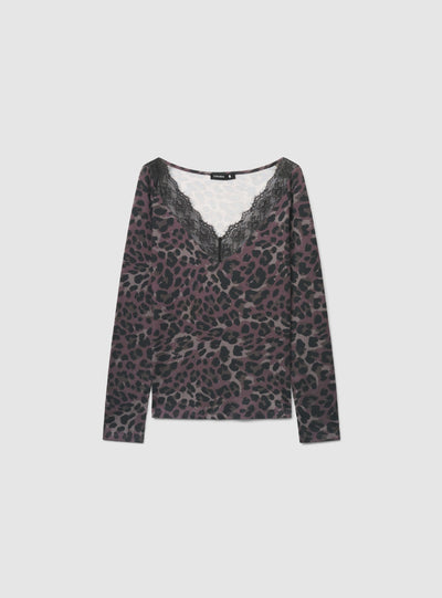 T-shirt a maniche lunghe animalier con scollo a V e bordo in pizzo