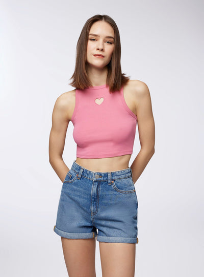 Top crop con scollo americano e ricamo cut-out