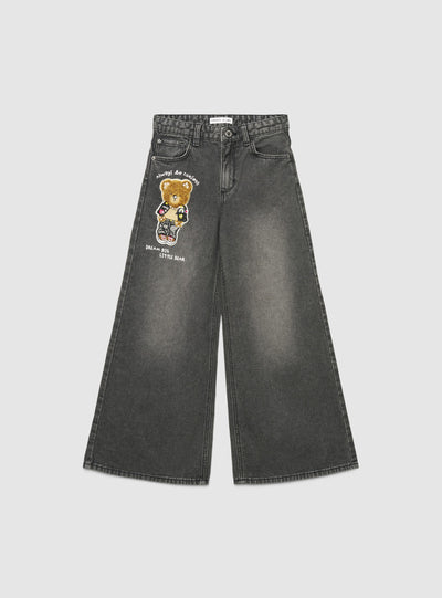 Jeans wide leg con patch orsetto