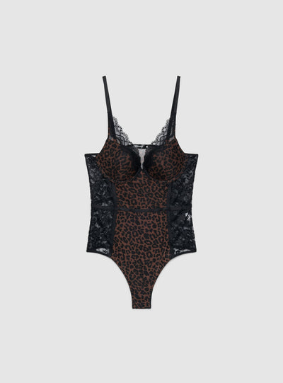 Body con stampa animalier e inserti in pizzo