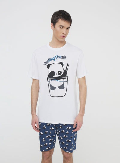 Pajama set with t-shirt and bermuda shorts featuring a panda