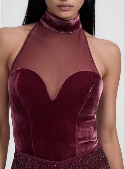Top halter con inserto in tulle