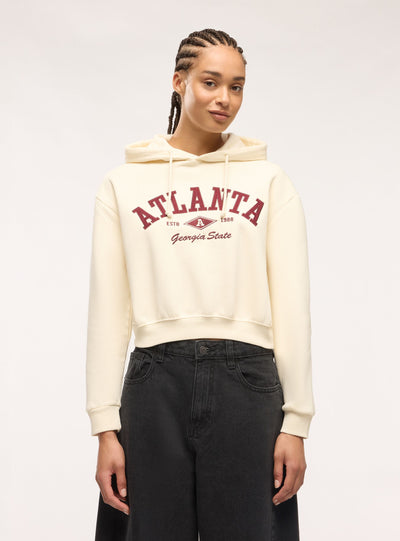 Felpa crop con cappuccio e stampa college
