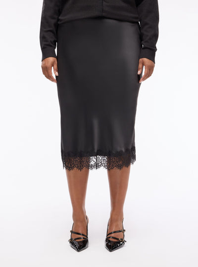 Gonna longuette in satin con bordo in pizzo