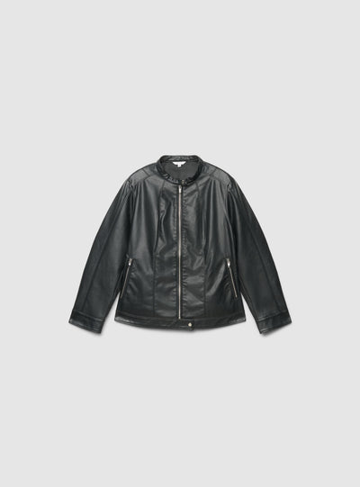 Chiodo effetto pelle con collo coreano e zip
