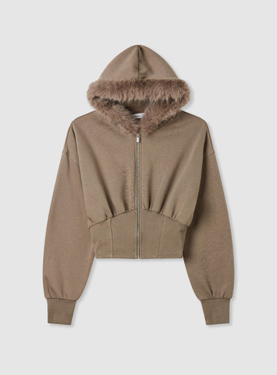 Sweat crop à zip avec capuche bordée de fausse fourrure