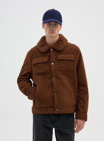 Corduroy jacket with shearling-effect collar