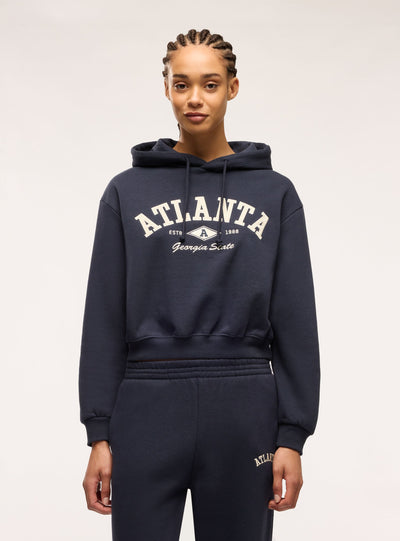 Felpa crop con cappuccio e stampa college