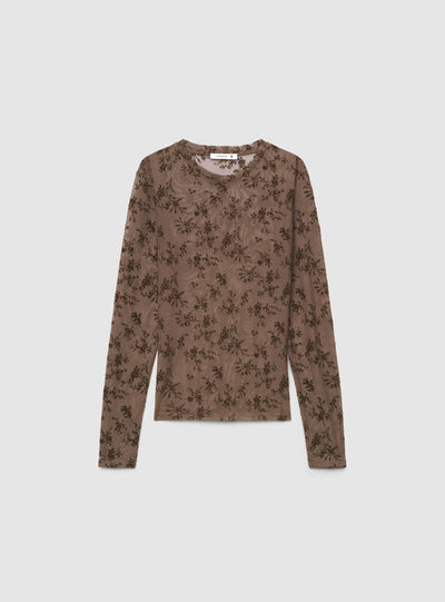 T-shirt a maniche lunghe con stampa floreale flock