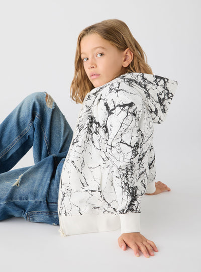Hooded zip-up sweatshirt with marble print
