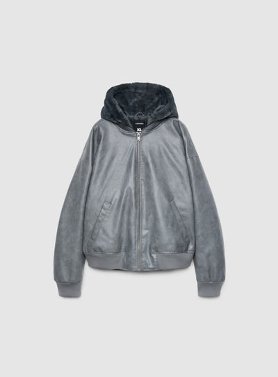 Bomber imbottito con cappuccio effetto pelle