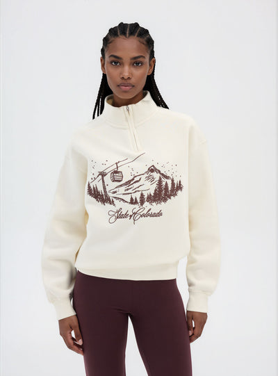 Felpa senza cappuccio con mezza zip e stampa montagna