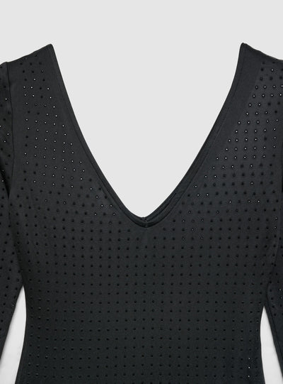 Body aderente con strass e scollo a V