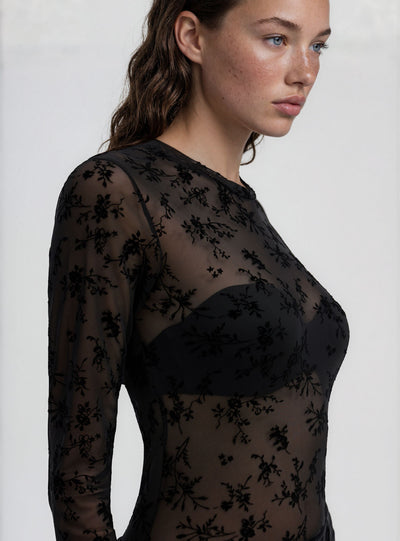 T-shirt a maniche lunghe con stampa floreale flock