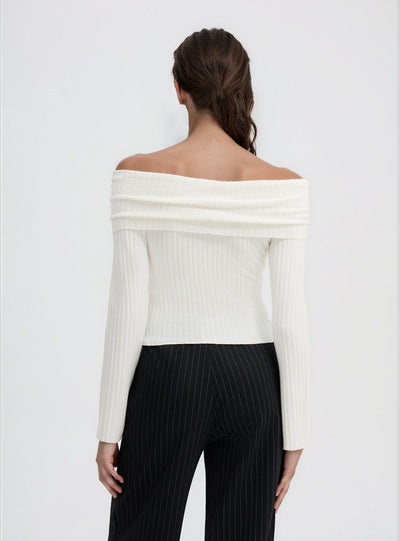 Ribbed T-shirt with exposed shoulders