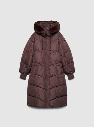 Cappotto imbottito lungo con cappuccio e bordo in effetto pelo