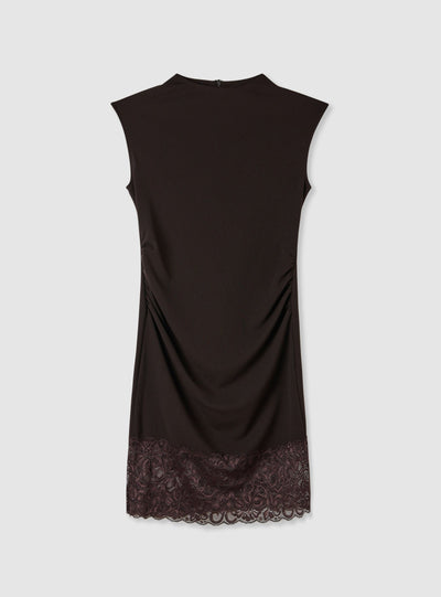Vestito smanicato con collo cratere e fondo in pizzo