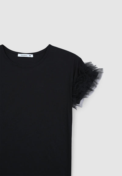T-shirt con maniche a balze in tulle