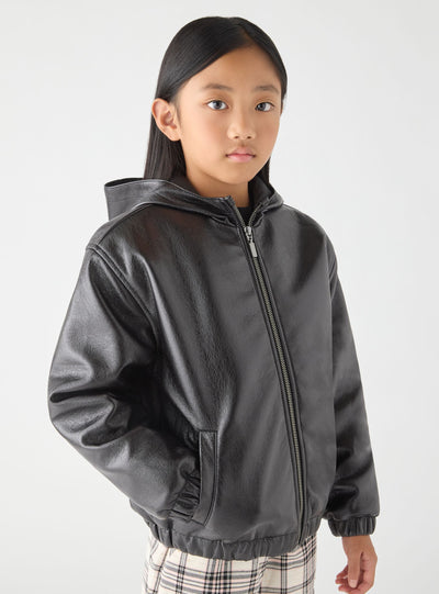 Bomber con cappuccio in similpelle