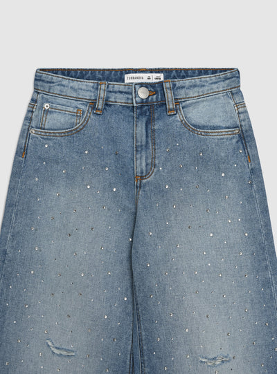 Jeans maxi super wide leg con strass e strappi