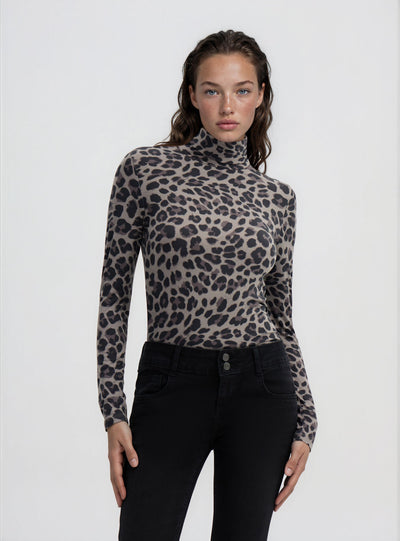 T-shirt manica lunga con stampa animalier e collo alto
