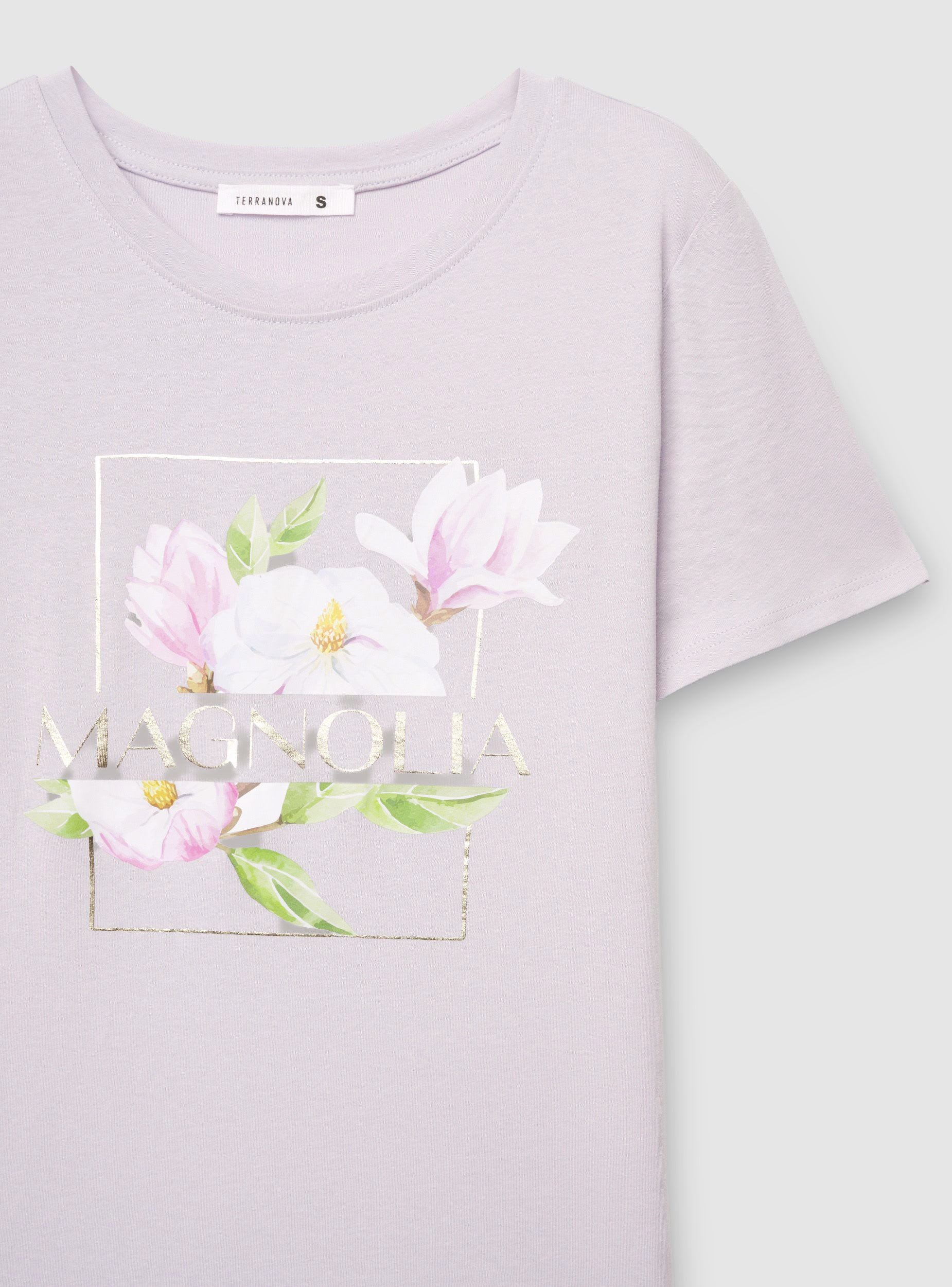 T-shirt con stampa fiori e scritta Lilla SAB0082171001S090 - Terranova
