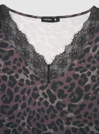 T-shirt a maniche lunghe animalier con scollo a V e bordo in pizzo