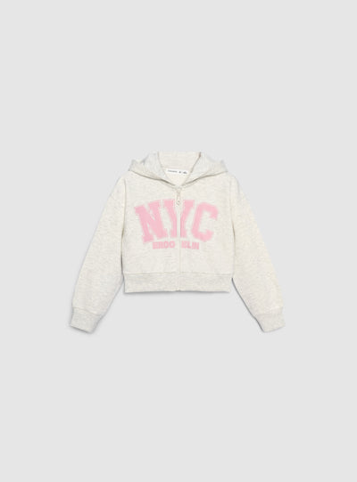 Felpa crop con cappuccio e zip con stampa college