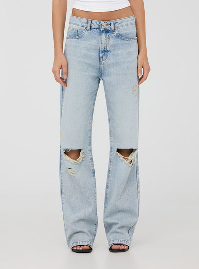 Jeans straight chiari acid wash con strappi