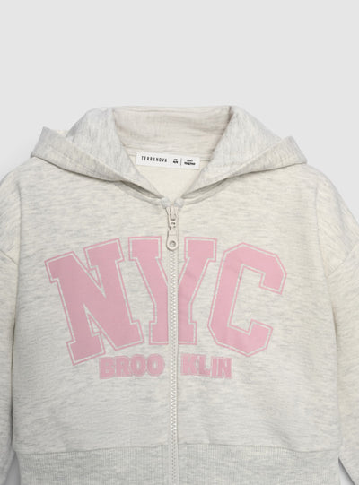 Felpa crop con cappuccio e zip con stampa college