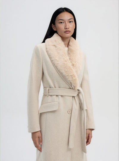 Long coat with synthetic fur collar and belt
